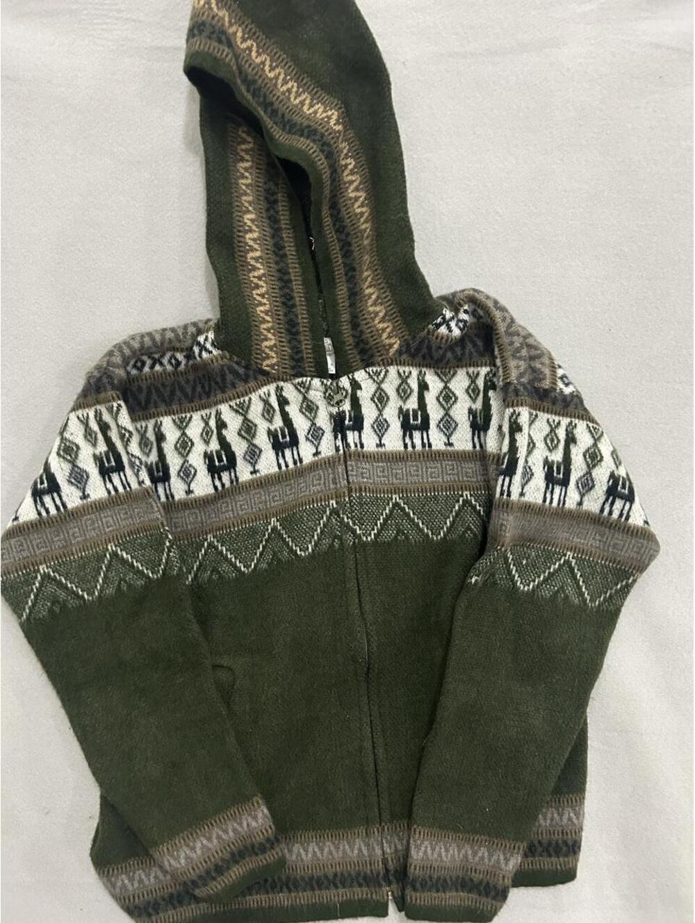 Tony Lama Women's Green and Khaki 100% Lama Wool Zip-Up Hoodie with Geometric &L